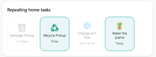 A row of chore tiles on a Home Assistant dashboard: the ones due today are lit, the rest dimmed.